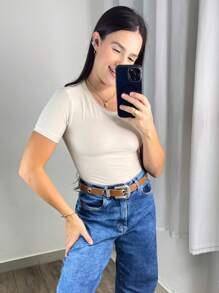 Women's Basic Suplex T-Shirt Crop Top - Màu be - Xem 1