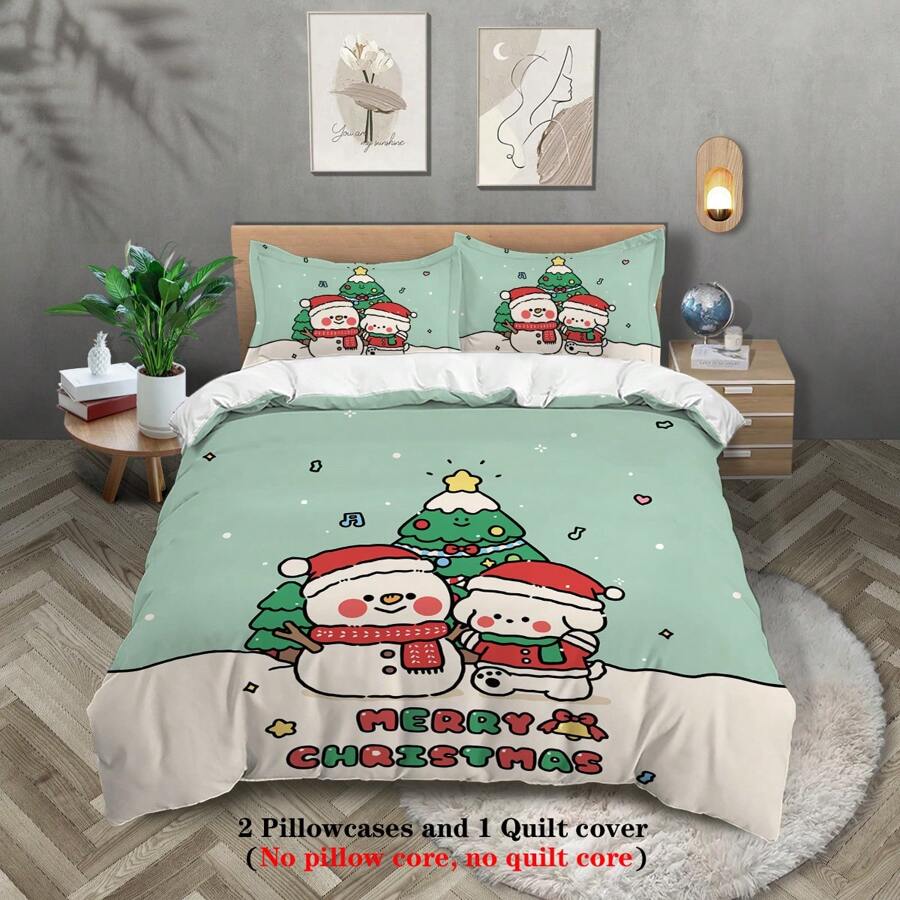 3件套（1被套+2枕套，无芯），圣诞小猫数码印花套装柔软、温暖、亲肤的被套，多种尺寸满足不同需求，适合所有人群、所有房间