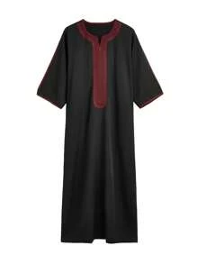 1pc Men's Moroccan Traditional Red Floral Embroidered Robe, Black Background, Soft Polyester Fabric, Comfortable And Loose Casual Wear