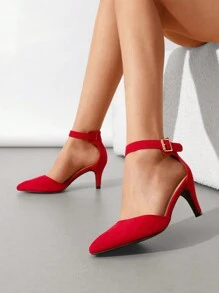 Women's Kitten Heel Pumps Low Heel Closed Pointed Toe Ankle Strap Fashionable Sexy Wedding Party Dress Shoes - 紅色/麂皮 - 查看 1