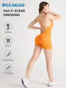 GEMCHO 纯色合身连体裤 交叉可调节肩带 运动连体衣 适合日常瑜伽