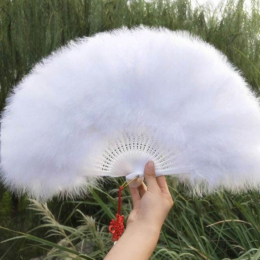 Christmas White Feather Fan Full Velvet Decorative Hand Fan Runway
