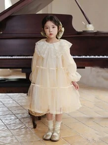Young Girl Lantern Sleeve Mesh Contrast Princess Dress, Suitable For Flower Girl, Birthday Party, Banquet Dress - Champagne - View 2
