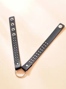 1 件朋克摇滚 PU 皮革金属心形铆钉按扣颈链，女士街头风格嘻哈配饰 - 圓型黑色 - 查看 3