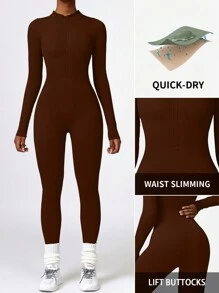 DINBEY Bộ áo liền quần dài tay màu trơn có khóa kéo dành cho nữ, thích hợp cho yoga và các hoạt động ngoài trời, giúp định hình vóc dáng, nâng mông và làm thon gọn vòng bụng. - màu nâu - Xem 5