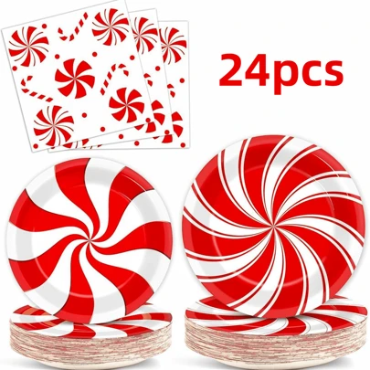24 件圣诞纸盘餐巾，薄荷糖派对盘红白条纹一次性派对用品蛋糕甜点盘，适用于圣诞节新年假期婚礼生日餐具套装派对装饰品，24 位客人
