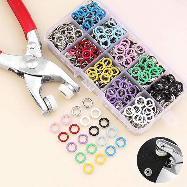 50/100 piezas Botones a presión de metal de colores surtidos + 1 pieza Alicates para broches a presión + 1 pieza Caja de almacenamiento, herramienta de ferretería de broches a presión para vaqueros, telas, ropa de bebé, manualidades DIY, garras de metal de ropa (color aleatorio)
