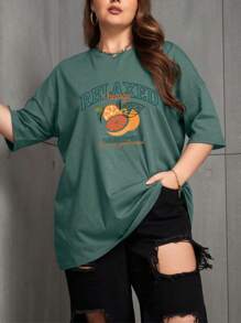 Women's Plus Size T-Shirt Relaxed Orange Print Fashion - 軍綠色 - 查看 1