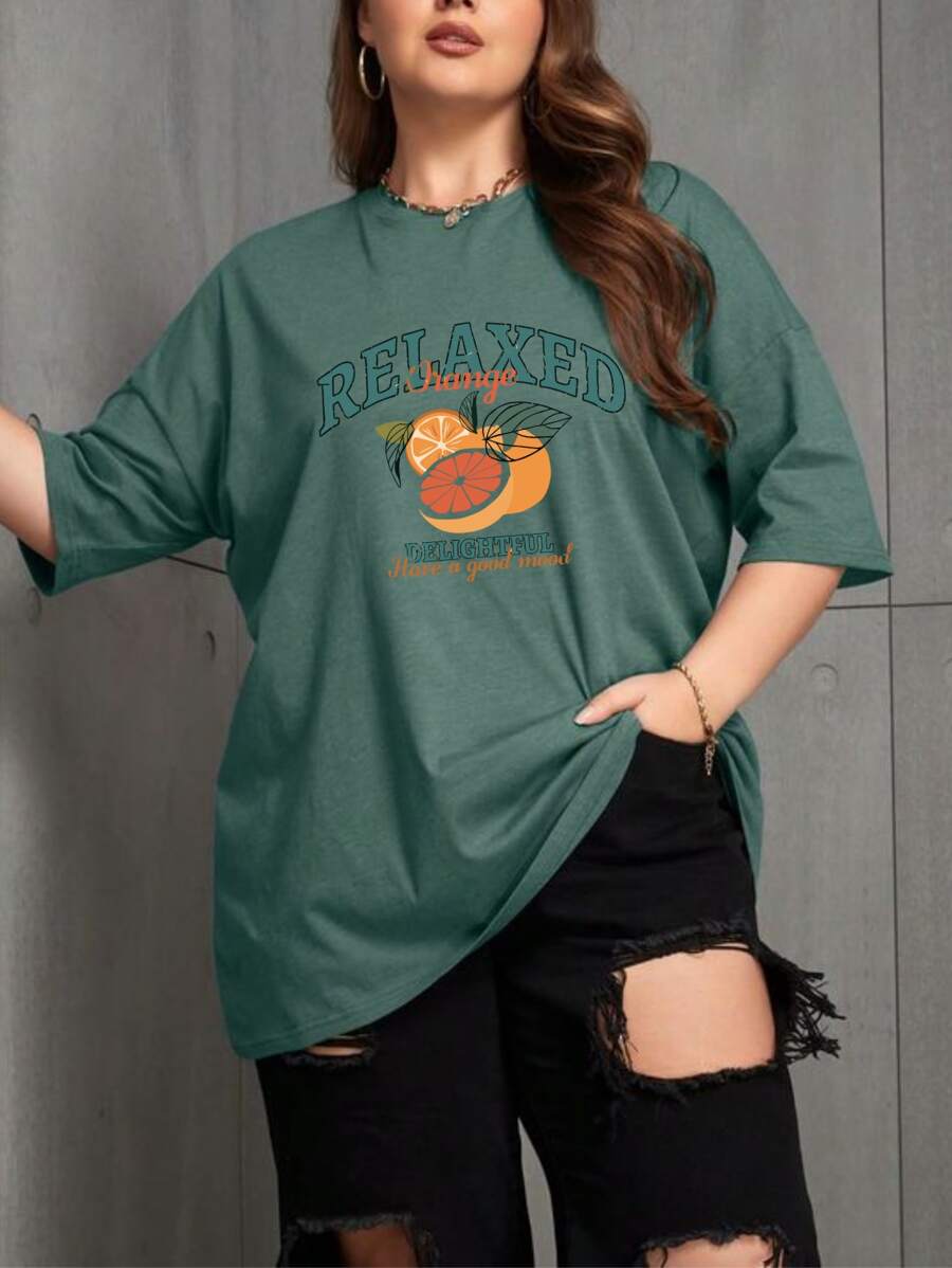 Women's Plus Size T-Shirt Relaxed Orange Print Fashion - 軍綠色 - 查看 1