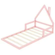 90*200cm Kinderbett, Flachbett, Hausform, Kiefer massiv, einfache Form,Rosa