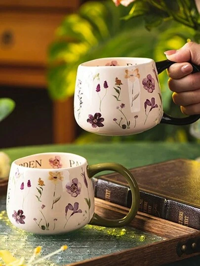 1pc Ins Style New Large Capacity Ceramic Coffee Cup, Comfortable Big Handle Design, Simple Pastoral Style Breakfast Milk Cup, Dessert Cup, Floral Pattern, Easy To Clean, Reusable, Unique Back To School