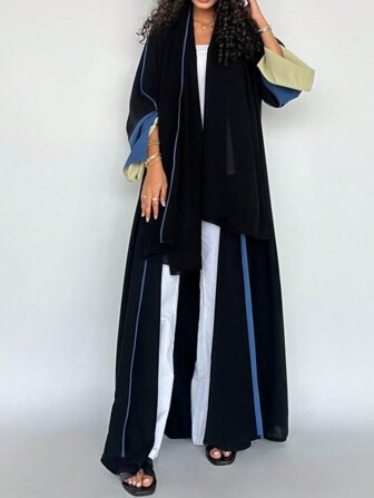 1 件纯色拼接优雅休闲粘胶面料袖口拼接开衫长袍，精致面料工艺，优雅穿着