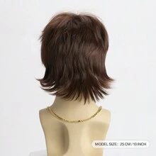 Tóc giả nam thời trang xoăn ngắn màu nâu tự nhiên thời trang có mái lệch, tóc giả sợi tổng hợp 10 inch, phụ kiện trang phục phù hợp cho ngày lễ, biểu diễn khiêu vũ, Halloween, tiệc nhạc rock - màu nâu - Xem 5