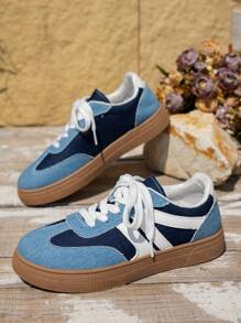 New Women's Simple Two-Tone Casual Flat Running Shoes, Versatile Everyday Sneakers, Student Sports Shoes - Blue and White - View 6