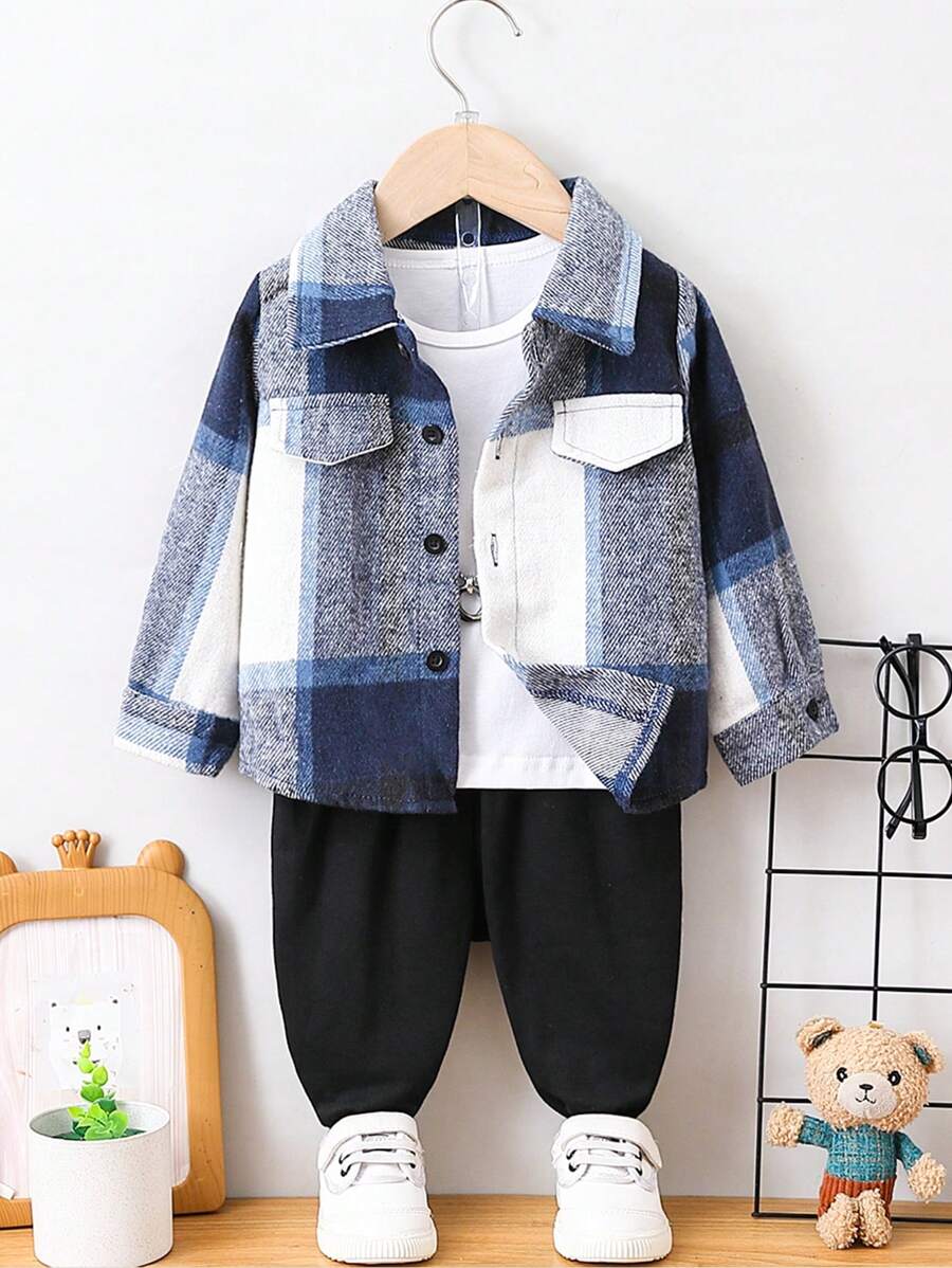 Bộ áo khoác cardigan kẻ caro cổ bất đối xứng và quần đen cho bé trai từ 3-18 tháng tuổi (Không bao gồm áo phông), Thu/Đông - Màu xanh lam - Xem 1