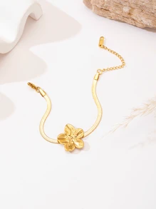 4pcs 18K Gold Plated Stainless Steel 5-Leaf Flower Design Jewelry Set For Women, Chunky Jewelry, Elegant Ladies Earrings, Rings, Bracelet, Necklace, Sophisticated Gift - Yellow Gold - View 10