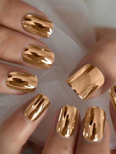 VV MEI JIA ER Actualice instantáneamente su aspecto con un juego de 24 piezas de uñas postizas largas cuadradas con efecto espejo dorado sólido, 1 lima de uñas y 1 hoja de cinta de uñas. Suministros para uñas uñas falsas uña falsa uña acrílica