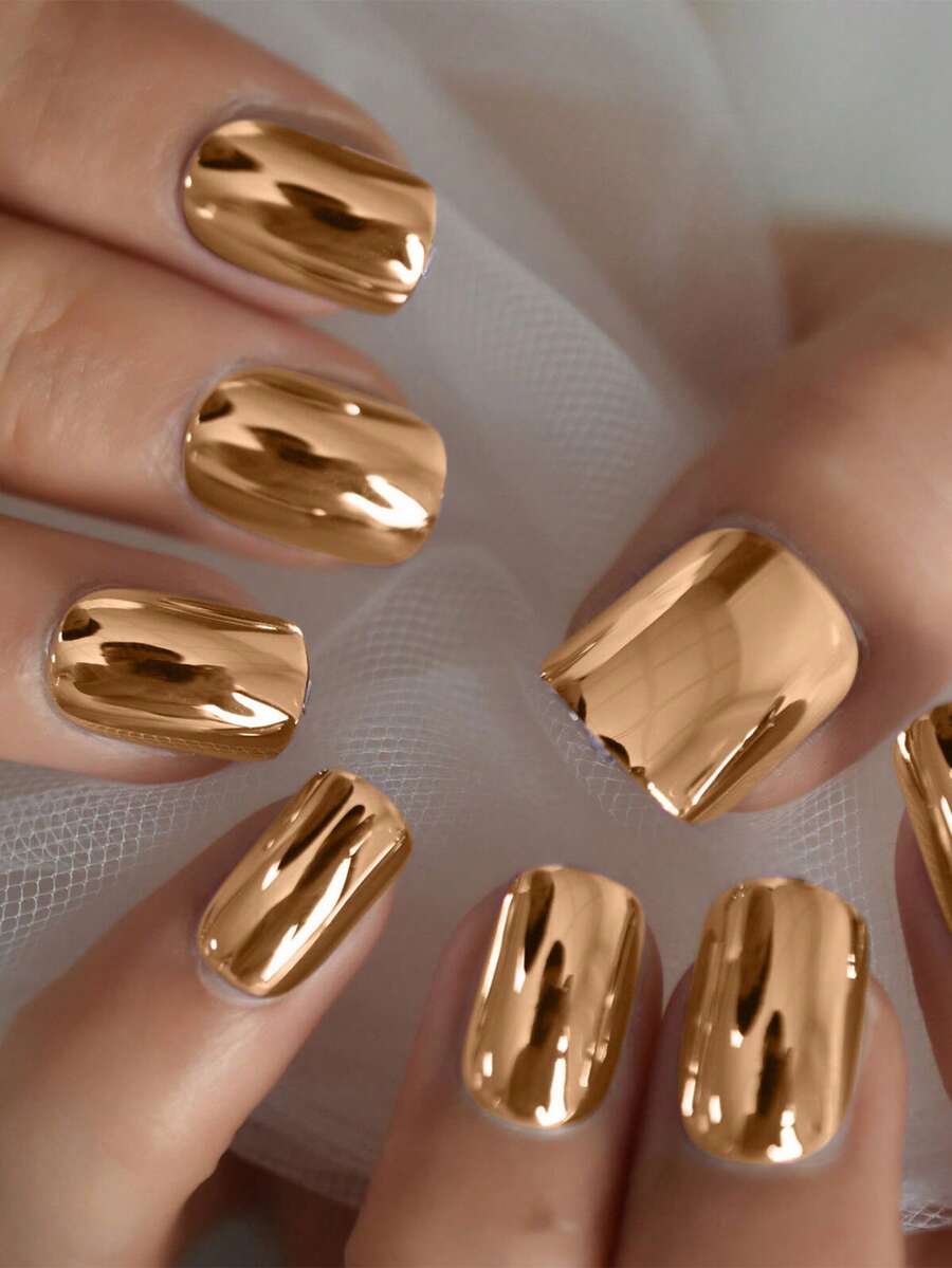 VV MEI JIA ER Atualize instantaneamente seu visual com 24 peças de unhas postiças quadradas e longas de efeito espelho sólido dourado e 1 peça de lixa de unha e 1 folha de fita adesiva para unhas - Suprimentos para unhas