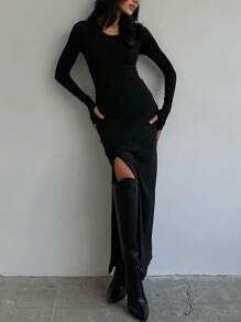 Moda damska Bodycon Długie rękawy Rozcięcie z odkrytymi plecami Długa sukienka Seksowna Elegancka impreza Festiwal Wakacje Strój