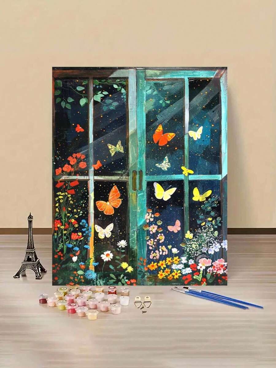 Flower Butterfly & Window Scenery DIY Digital Oil Painting, Suitable