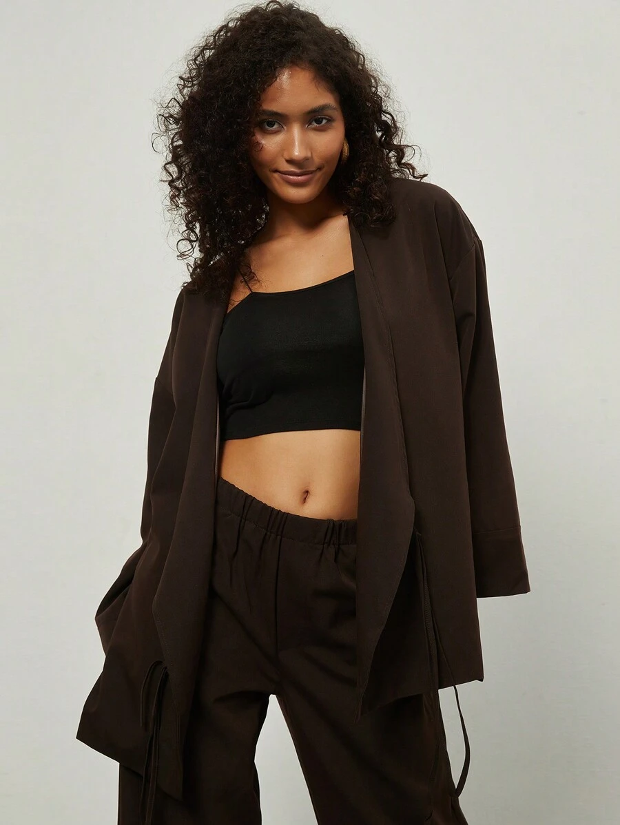 Conjunto de cardigan de manga larga y pantalones sueltos y casuales con cinturón para mujer