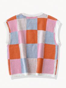 Marysol 女士彩色格子短款上衣，圆领短袖，时尚休闲撞色拼接蝙蝠袖针织衫T恤，春夏秋冬皆宜，优雅百搭。 - 彩色 - 查看 5