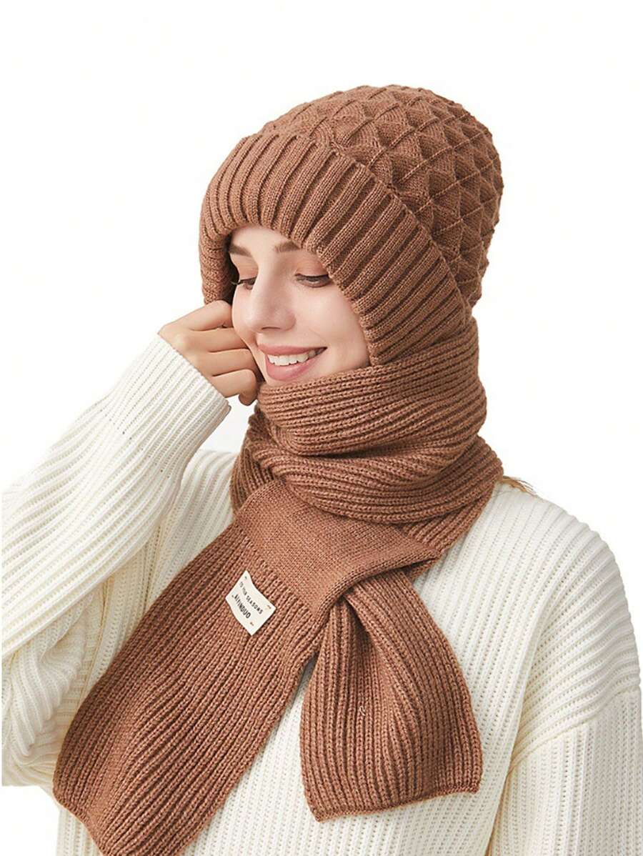 2 件套女士简约纯色竖条纹针织帽、围巾套装带手套，温暖舒适，适合秋冬季休闲户外使用