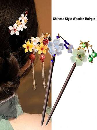 1pc Wooden Faux Jade Flower Tassel Hair Pin, Chinese Style Hanfu Accessory Hair Pin, Women Bun Updo Hair Pin, Fashionable For Teenage Girls, Gift,Hair Accessories,Hairpin Hair Styling Pins Hair Bun Maker Bun Hair Piece, Christmas, Vacation Outfits Woman