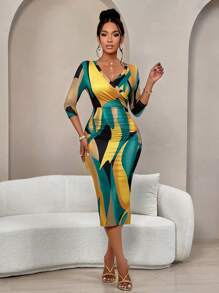 AIJ Amarilo 女士时尚波浪印花交叉裹身七分袖 V 领褶饰紧身连衣裙（随机印花） - 黃色 - 查看 7