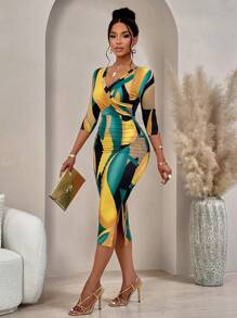 AIJ Amarilo 女士时尚波浪印花交叉裹身七分袖 V 领褶饰紧身连衣裙（随机印花） - 黃色 - 查看 6