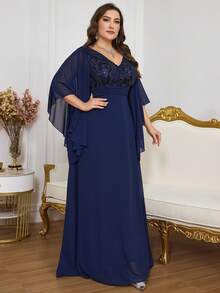 Plus Size V-Neck Flare Sleeve Sequin Patchwork Evening Dress (Heavily Embellished), Semi Formal Prom Dress, For Birthday, Wedding Guest, Graduation Homecoming, Party Dress