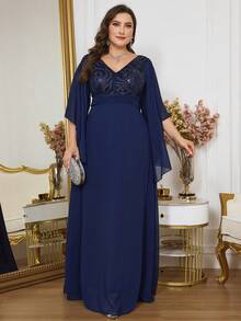 Plus Size V-Neck Flare Sleeve Sequin Patchwork Evening Dress (Heavily Embellished), Semi Formal Prom Dress, For Birthday, Wedding Guest, Graduation Homecoming, Party Dress