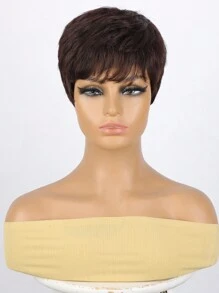 黑色短款精灵假发，女士短款刘海假发，层次感合成假发，无胶假发，新手友好型合成假发 - 摩卡棕 - 查看 3