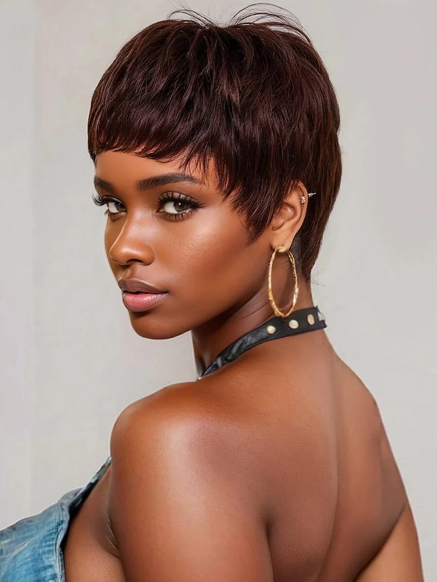 黑色短款精灵假发，女士短款刘海假发，层次感合成假发，无胶假发，新手友好型合成假发 - 摩卡棕 - 查看 1