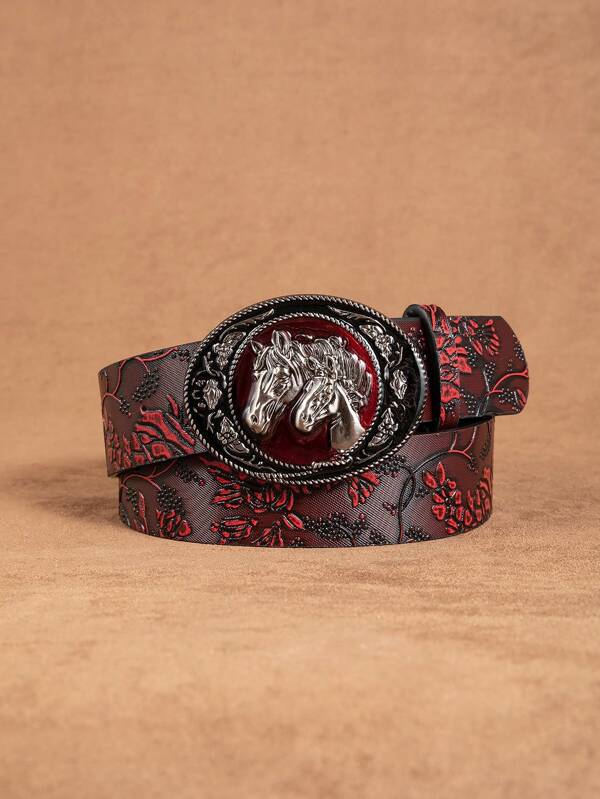 1pc Men's Vintage Western Y2K Cross Metal Buckle Asymmetrical Floral Embossed Casual Belt, Suitable For Daily Wear Summer, School