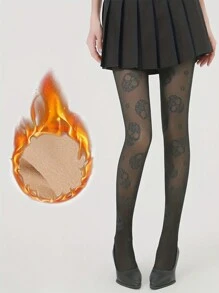 Quần bó họa tiết Halloween thanh lịch dành cho nữ - Vải dệt kim Polyester pha Spandex và Nylon, Một đôi ấm áp 200g, Quần bó in hình đầu lâu có thể giặt bằng máy - Nhiều màu - Xem 2