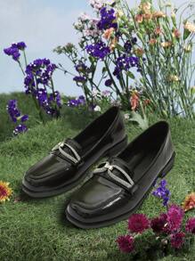 Fashionable Rhinestone Strap Bow Square Toe Women's Flat Mules