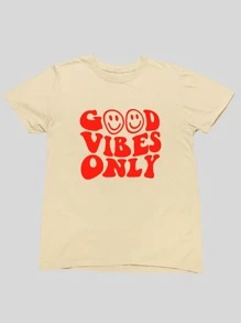 Women's Plus Size T-Shirt With Good Vibes Only Premium Print - 米色 - 查看 2