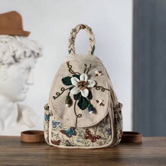 1pc Boho Handmade Floral Double Shoulder Backpack, Fresh And Simple Bee Multi-Pocket Multi-Function Chest Bag 2-In-1 Design (Random Cut)