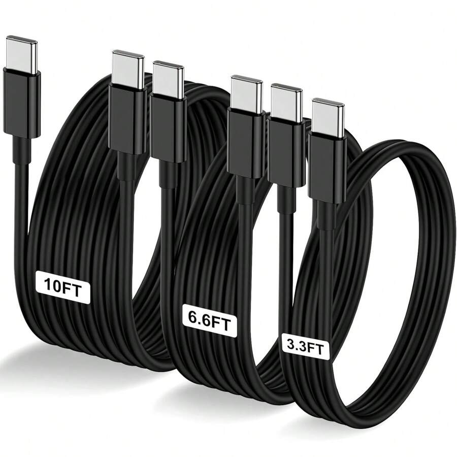 3.3 英尺/6.6 英尺/10 英尺 USB-C 转 USB-C 充电线,USB-C 快速充电数据线,USB-C 电源线,兼容 17/16/15 Pro Plus/Pro Max、Galaxy S26/S25/S24/S23/S22、Pro/Air 等机型 - 黑色 - 查看 1