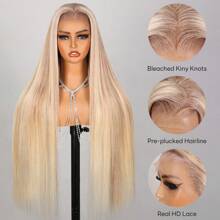 P10/613 Highlight Blonde Spitzenperücke aus Echthaar 12A 200% Dichte Farbverlauf Blonde nahtlose gerade Perücke aus Echthaar Vorab gezupft 13x4 HD Spitzenperücke aus Echthaar - S10/613 - Übersicht 2