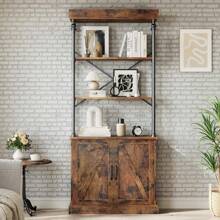 Tall Bookshelf With Doors 73.62 Industrial Storage Open Rack Shelf With Cabinet Wood And Metal Bookcase Farmhouse Bookshelves Large Vintage Display Rack Home Office - 棕色 - 查看 2