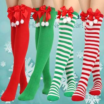 1/2/3/4 双女士圣诞保暖内衬及膝袜、过膝袜、可爱毛绒袜、带蝴蝶结绒球不透明条纹过膝长袜、秋冬季女士日常穿着的温暖地板袜