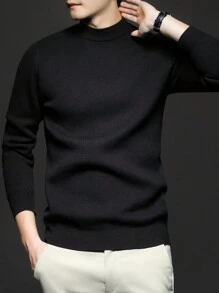 Men Crew Neck Long Sleeve Solid Color Casual Slim Fit Pullover Sweater, Lightweight For Autumn/Winter