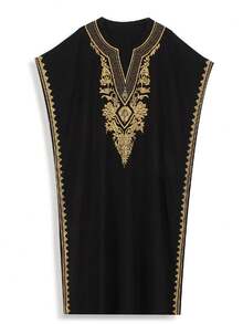 Black Embroidered Arabic Style Standing Collar Dress Thobe For Women House Dress Kaftan - Black - View 6