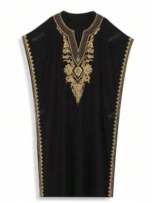 Black Embroidered Arabic Style Standing Collar Dress Thobe For Women House Dress Kaftan