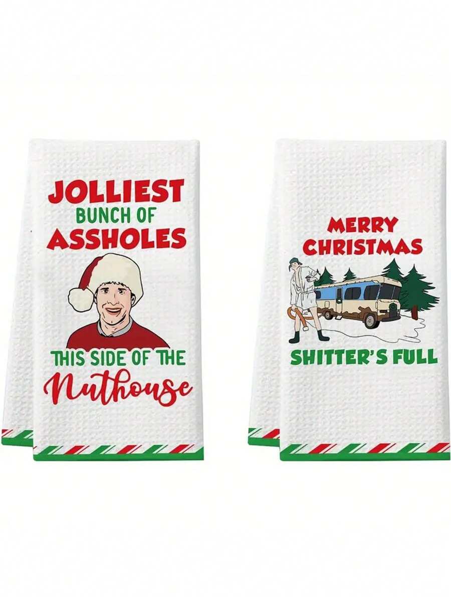 节日圣诞厨房毛巾：2 包快乐和圣诞快乐毛巾 - 100% 涤纶，可机洗，柔软，适合您的现代厨房 - 彩色 - 查看 1