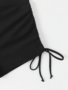 女士简约纯色抽绳褶皱平角比基尼泳裤，夏季海滩 - 黑色 - 查看 7