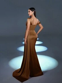 Faeriesty Women's Elegant Satin Asymmetrical Maxi Dress, Featuring Sparkling Sequin Shoulder Decor And High-Waist Fishtail Slit Design. Suitable For Formal Dinners, Parties Or Luxury Events, New Year's Attire, Summer Vacation Outfits - Coffee Brown - View 3