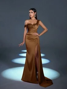 Faeriesty Women's Elegant Satin Asymmetrical Maxi Dress, Featuring Sparkling Sequin Shoulder Decor And High-Waist Fishtail Slit Design. Suitable For Formal Dinners, Parties Or Luxury Events, New Year's Attire, Summer Vacation Outfits - Coffee Brown - View 2